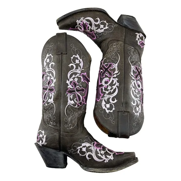 JUSTIN BOOTS Tall Leather Snip Toe Western Cowgirl Boots - 7.5 B - brown, pink