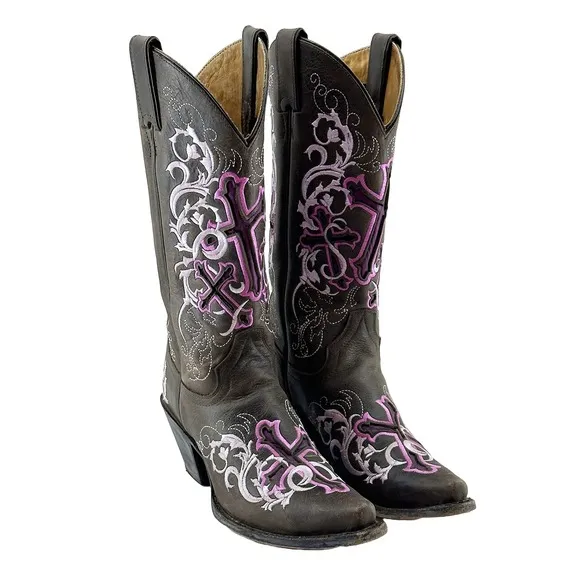 JUSTIN BOOTS Tall Leather Snip Toe Western Cowgirl Boots - 7.5 B - brown, pink