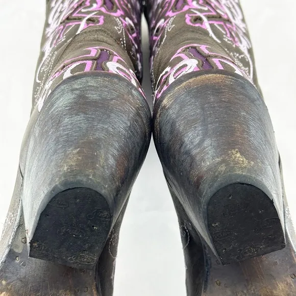 JUSTIN BOOTS Tall Leather Snip Toe Western Cowgirl Boots - 7.5 B - brown, pink