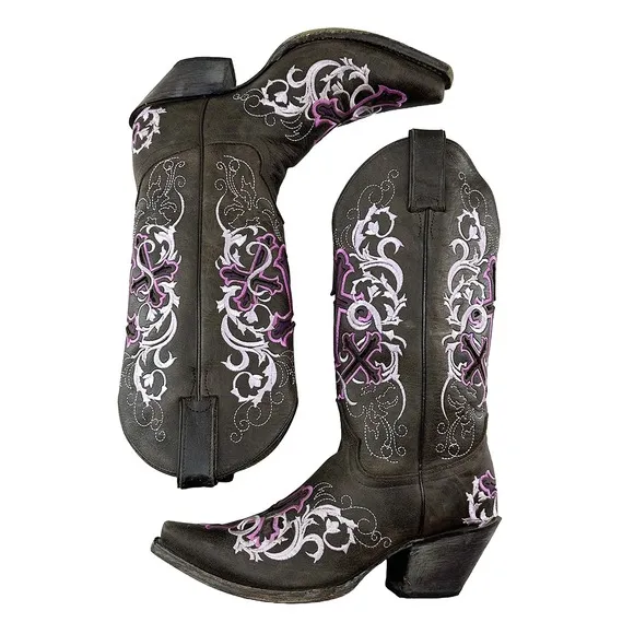 JUSTIN BOOTS Tall Leather Snip Toe Western Cowgirl Boots - 7.5 B - brown, pink