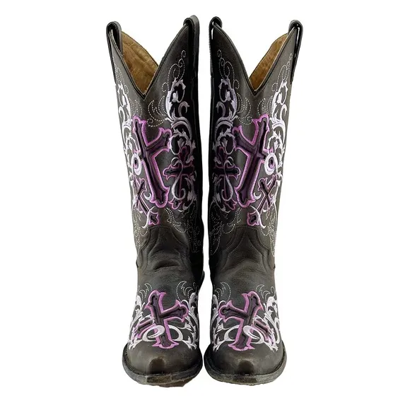 JUSTIN BOOTS Tall Leather Snip Toe Western Cowgirl Boots - 7.5 B - brown, pink