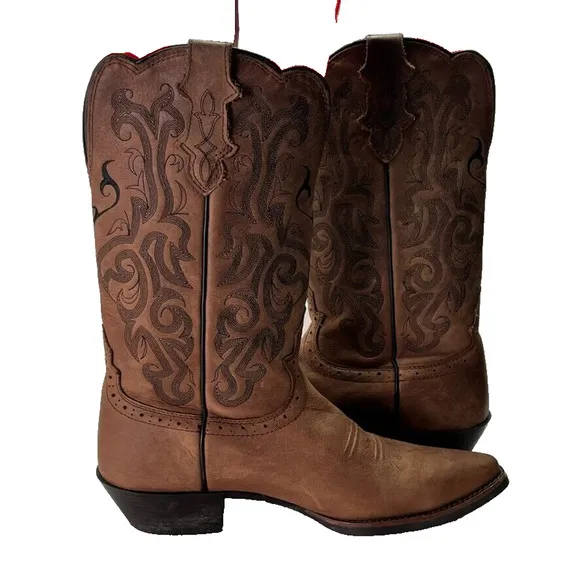 Justin Boots Womens 9.5 Stampede L2559 Western Brown Mustang Leather Pointed Toe