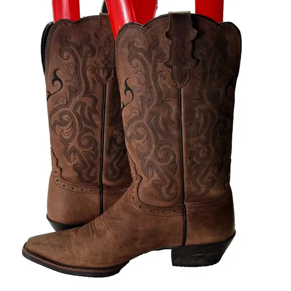 Justin Boots Womens 9.5 Stampede L2559 Western Brown Mustang Leather Pointed Toe