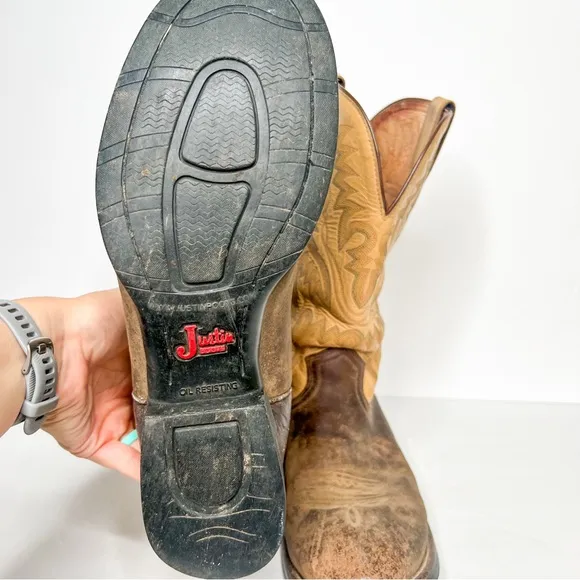 Justin Men's Tan Brown Leather Western Cowboy Boots Size 9.5