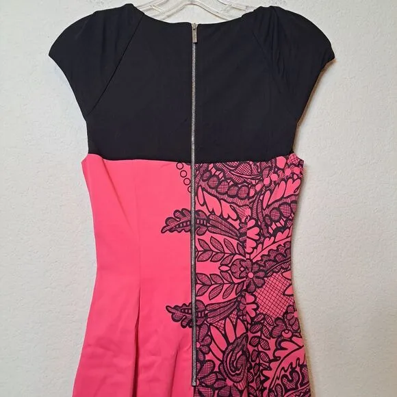 Karen Millen Boat Neck Formal Cocktail Dress Pink Black Bodycon Acetate Size 6