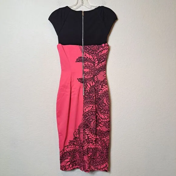 Karen Millen Boat Neck Formal Cocktail Dress Pink Black Bodycon Acetate Size 6