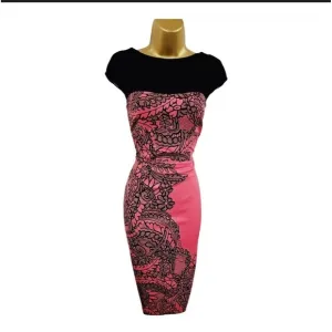 Karen Millen Boat Neck Formal Cocktail Dress Pink Black Bodycon Acetate Size 6