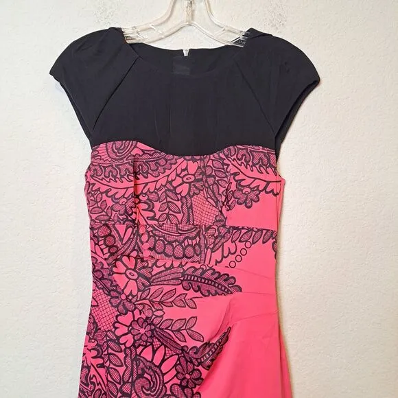 Karen Millen Boat Neck Formal Cocktail Dress Pink Black Bodycon Acetate Size 6