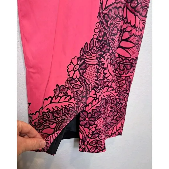 Karen Millen Boat Neck Formal Cocktail Dress Pink Black Bodycon Acetate Size 6