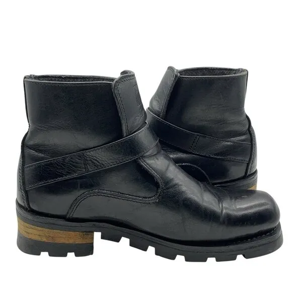 Karl Kani Vintage Leather Ankle Motorcycle Lugged Biker Boots Black Men's 10.5