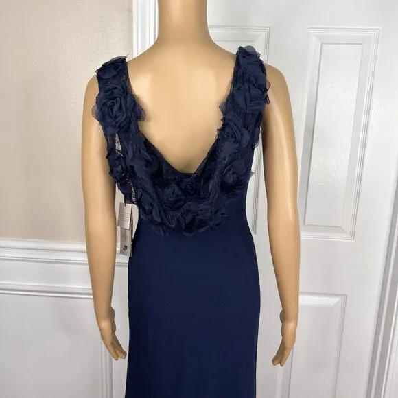 KARL LAGERFELD PARIS Navy Blue Stretch Flower Applique Gown