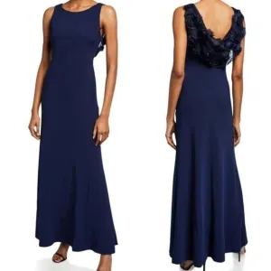 KARL LAGERFELD PARIS Navy Blue Stretch Flower Applique Gown