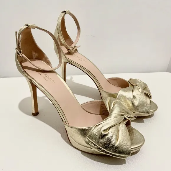 Kate Spade Bridal Bow Gold Leather Platform Sandal Stiletto Heel Evening Pumps 9
