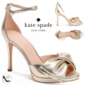 Kate Spade Bridal Bow Gold Leather Platform Sandal Stiletto Heel Evening Pumps 9