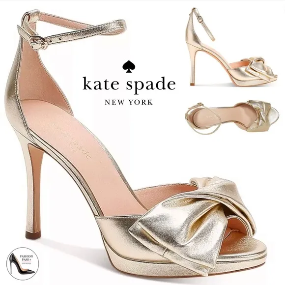 Kate Spade Bridal Bow Gold Leather Platform Sandal Stiletto Heel Evening Pumps 9