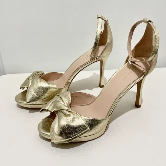 Kate Spade Bridal Bow Gold Leather Platform Sandal Stiletto Heel Evening Pumps 9