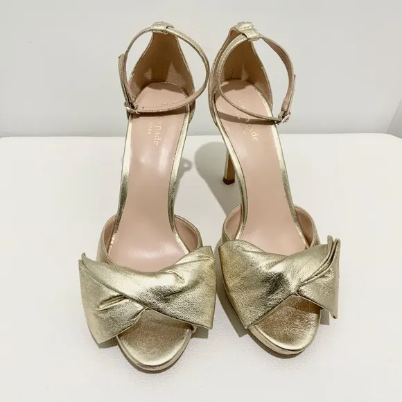 Kate Spade Bridal Bow Gold Leather Platform Sandal Stiletto Heel Evening Pumps 9