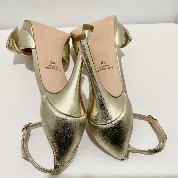 Kate Spade Bridal Bow Gold Leather Platform Sandal Stiletto Heel Evening Pumps 9