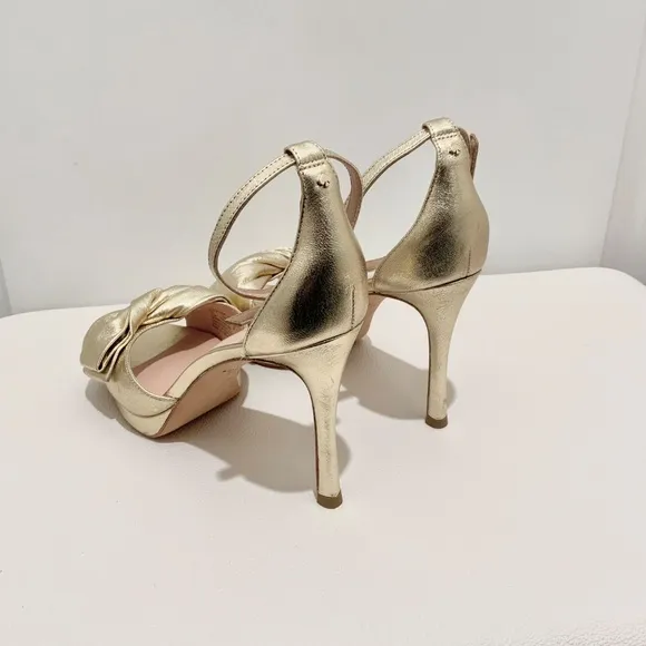 Kate Spade Bridal Bow Gold Leather Platform Sandal Stiletto Heel Evening Pumps 9