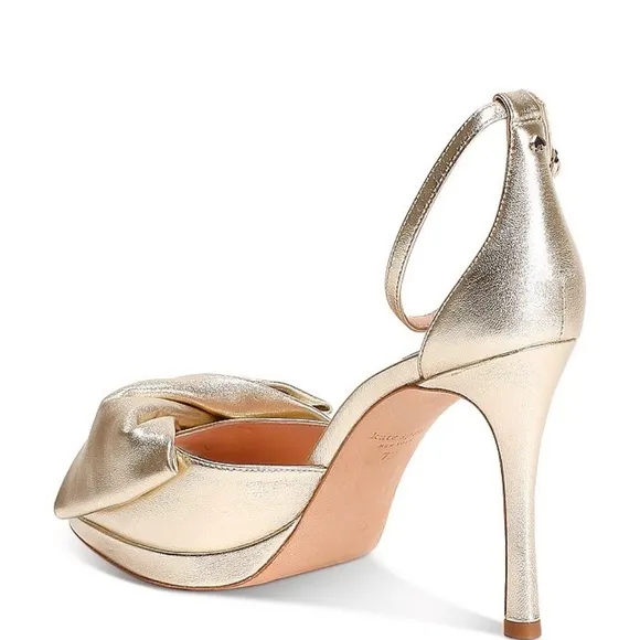 Kate Spade Bridal Bow Gold Leather Platform Sandal Stiletto Heel Evening Pumps 9