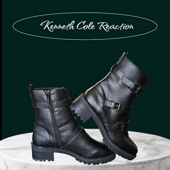 KENNITH COLE REACTION TATE Faux Leather Rhinestone Womens Motorcycle Boots