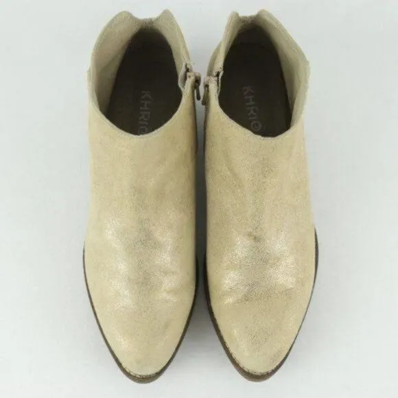 Khrio Women's Size 37 Metallic Gold Leather Heeled Zip Up Ankle Boots