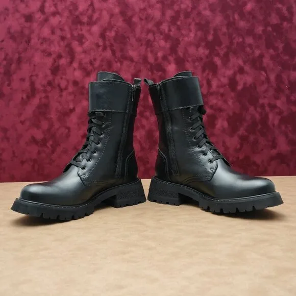 La Canadienne Women Cody Lace-up Black Leather Combat Studded Boots sz 11