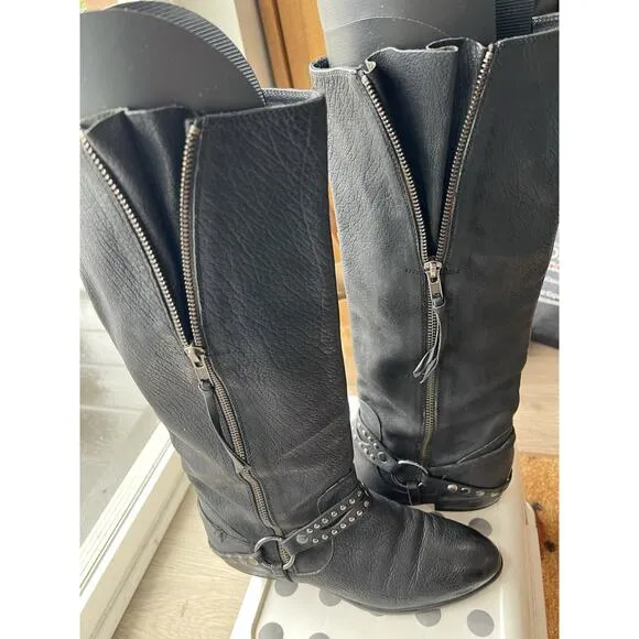 La Scarpa Paris Black Platform Boots Harness Studded textured Leather Sz-38