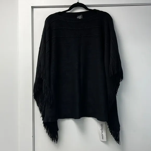 Layers by Lizden Women’s Sweater Cape Shawl black fringe- missy one size