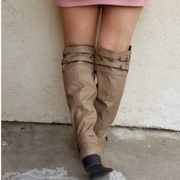Leatherette Buckled Strap Accent Knee High Riding