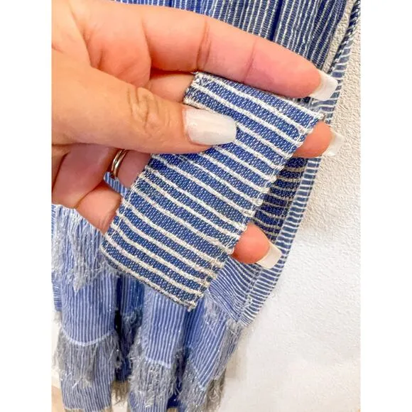 LemLem Striped Zinab V Neck Blue Silver Tiered Tassel Fringe Maxi Dress XS