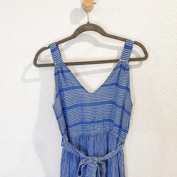 LemLem Striped Zinab V Neck Blue Silver Tiered Tassel Fringe Maxi Dress XS