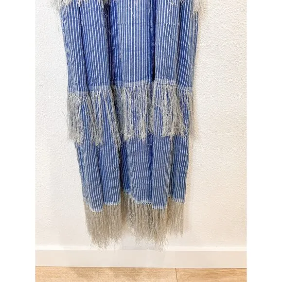 LemLem Striped Zinab V Neck Blue Silver Tiered Tassel Fringe Maxi Dress XS