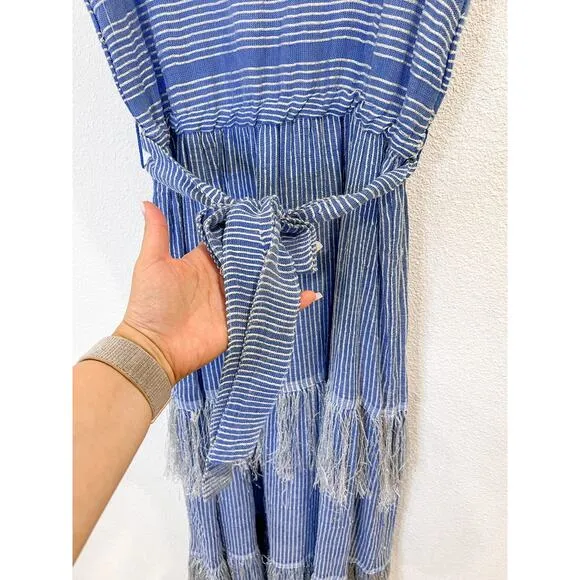 LemLem Striped Zinab V Neck Blue Silver Tiered Tassel Fringe Maxi Dress XS