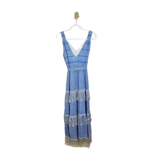 LemLem Striped Zinab V Neck Blue Silver Tiered Tassel Fringe Maxi Dress XS
