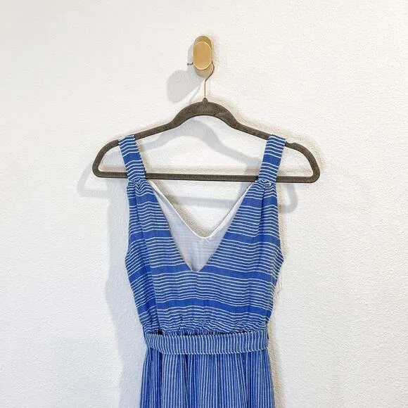 LemLem Striped Zinab V Neck Blue Silver Tiered Tassel Fringe Maxi Dress XS