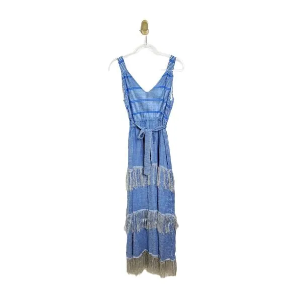 LemLem Striped Zinab V Neck Blue Silver Tiered Tassel Fringe Maxi Dress XS