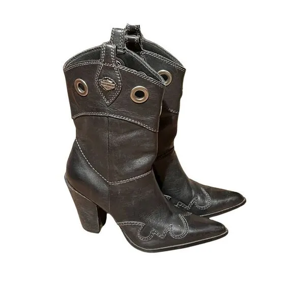 Like New Harley Davidson Black Leather Pointed Toe 3” Heel Women’s Boots 8.5
