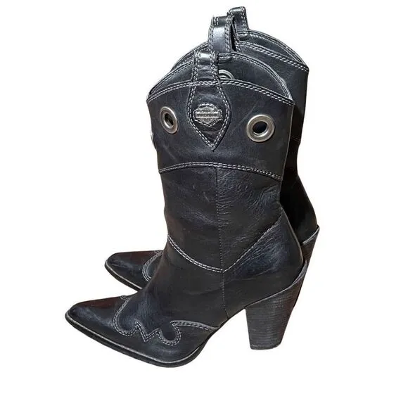 Like New Harley Davidson Black Leather Pointed Toe 3” Heel Women’s Boots 8.5