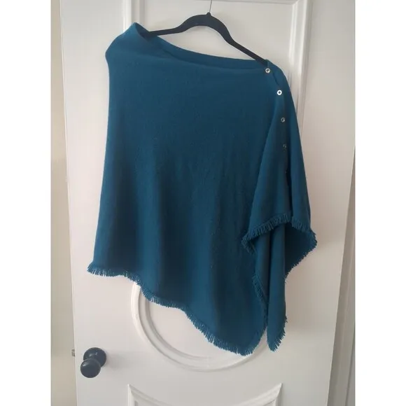 Lilly Pulitzer Cashmere  Fringed Wrap One Size Button Poncho Womens Turquoise
