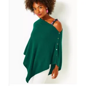 Lilly Pulitzer Cashmere  Fringed Wrap One Size Button Poncho Womens Turquoise