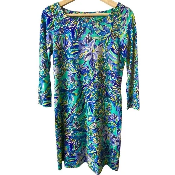 Lilly Pulitzer Dress Hollee Bennet Blue Sneak a Peek Mini‎ Green S Keyhole Back