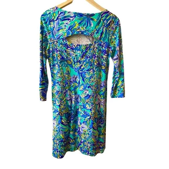 Lilly Pulitzer Dress Hollee Bennet Blue Sneak a Peek Mini‎ Green S Keyhole Back