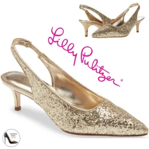 Lilly Pulitzer Shaina Slingback Gold Glitter Pump Pointed Toe Kitten Heel Shoe 7