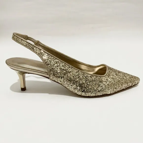 Lilly Pulitzer Shaina Slingback Gold Glitter Pump Pointed Toe Kitten Heel Shoe 7