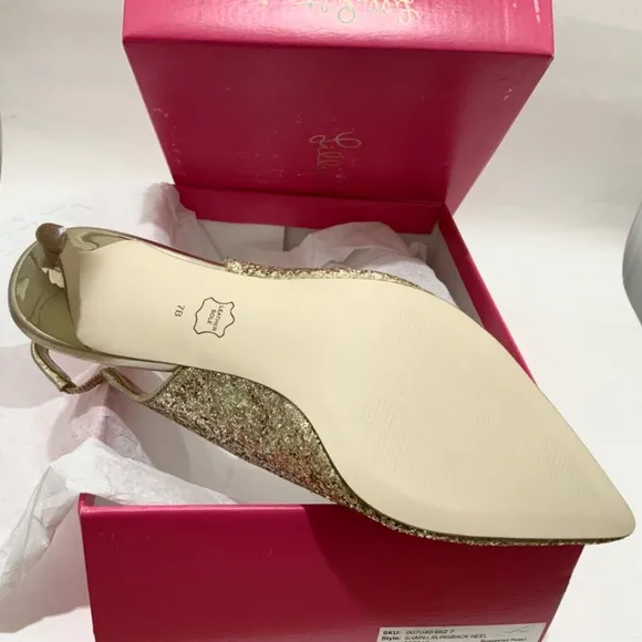 Lilly Pulitzer Shaina Slingback Gold Glitter Pump Pointed Toe Kitten Heel Shoe 7