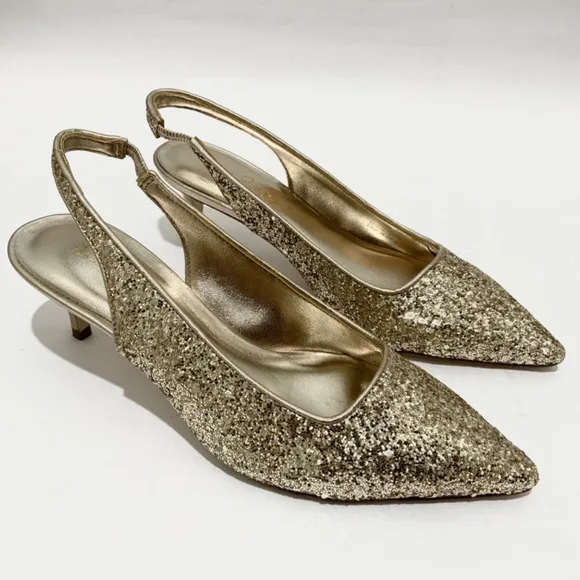 Lilly Pulitzer Shaina Slingback Gold Glitter Pump Pointed Toe Kitten Heel Shoe 7