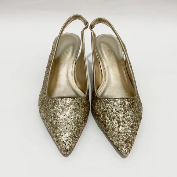 Lilly Pulitzer Shaina Slingback Gold Glitter Pump Pointed Toe Kitten Heel Shoe 7