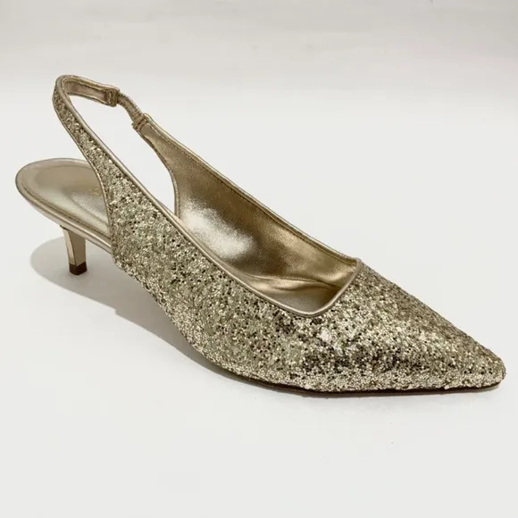 Lilly Pulitzer Shaina Slingback Gold Glitter Pump Pointed Toe Kitten Heel Shoe 7