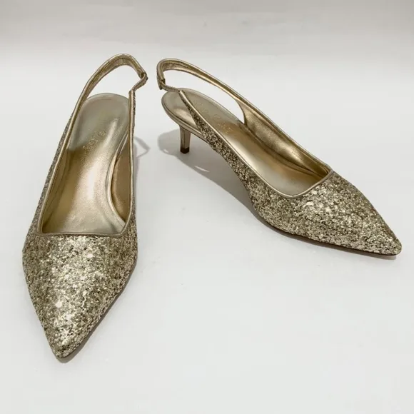 Lilly Pulitzer Shaina Slingback Gold Glitter Pump Pointed Toe Kitten Heel Shoe 7